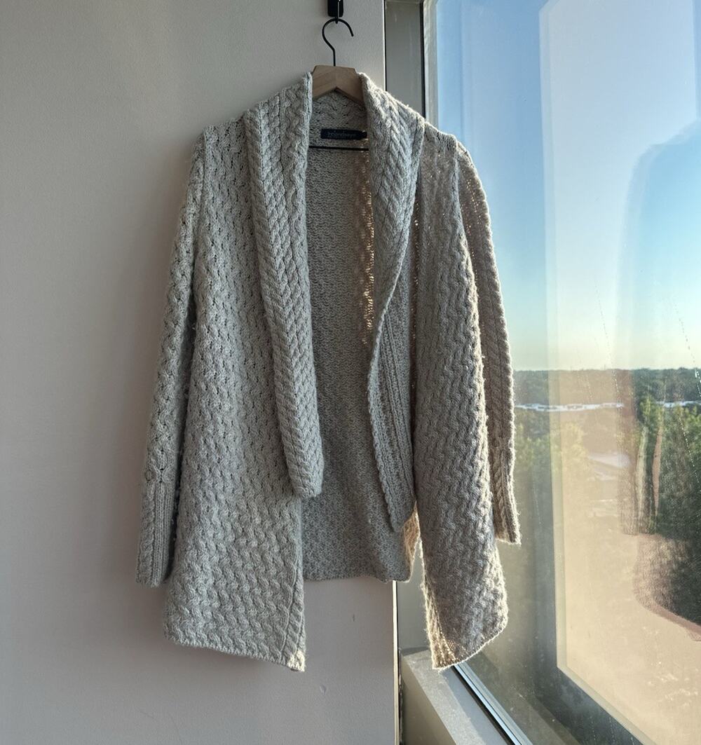 Irelandseye Beige Solid Cable-Knit Collared Open Cardigan Sweater Women's S